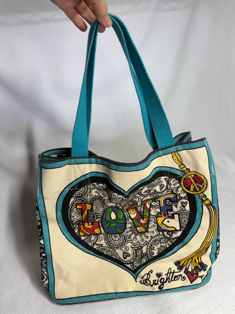 Brighton Teal-Accent Canvas Tote with Colorful 'LOVE' Heart Peace Tote Bag